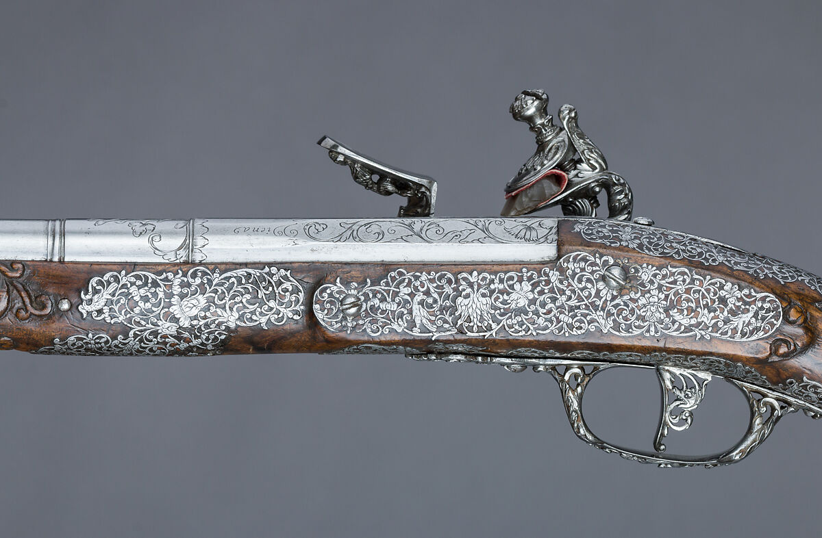 Pair of Flintlock Pistols, Giovan Battista Francino (Italian, Brescia, active second half of 17th century), Steel, wood (walnut), wool, Italian, Brescia