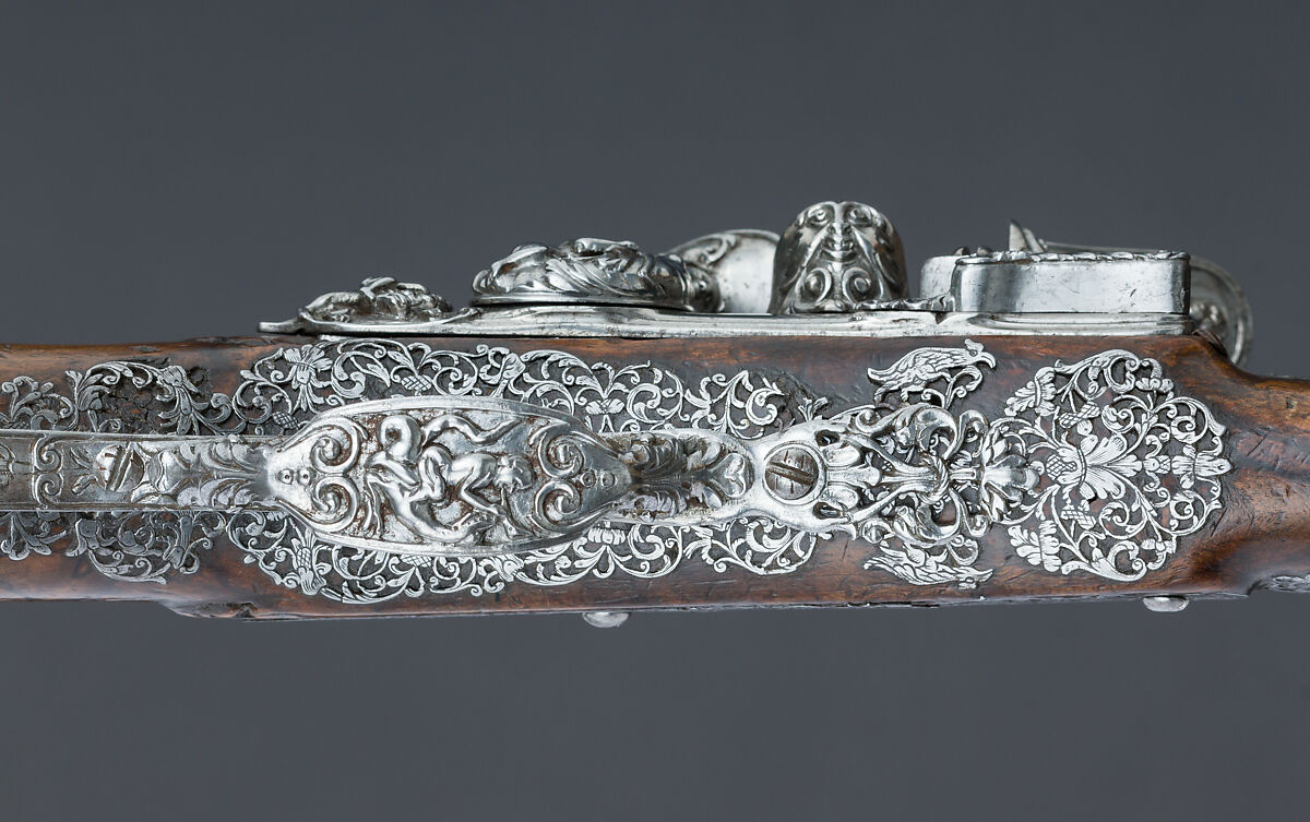 Pair of Flintlock Pistols, Giovan Battista Francino (Italian, Brescia, active second half of 17th century), Steel, wood (walnut), wool, Italian, Brescia