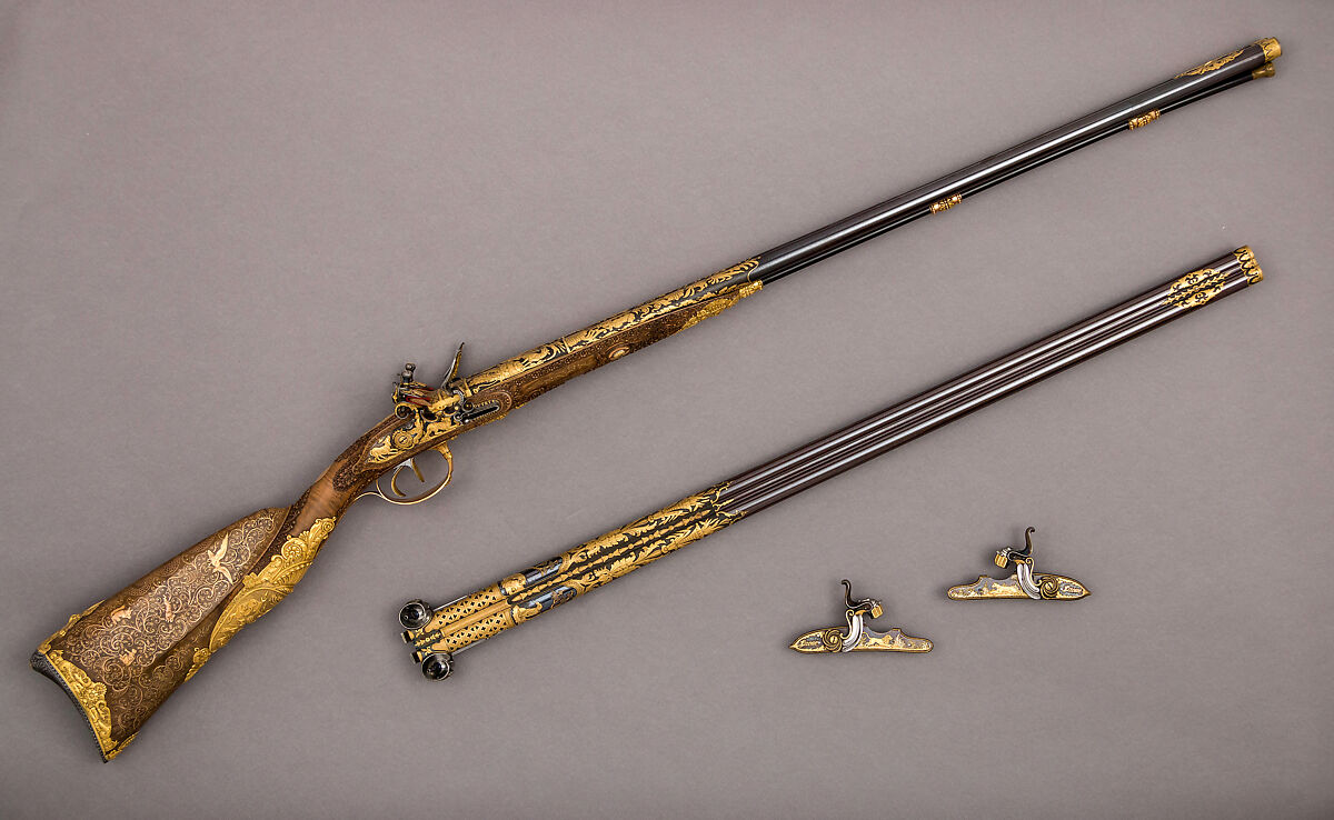 Double-Barreled Flintlock Shotgun with Exchangeable Percussion Locks and Barrels, Nicolas Noël Boutet (French, Versailles and Paris, 1761–1833), Steel, gold, wood (walnut), silver, horn, French, Versailles and Paris 