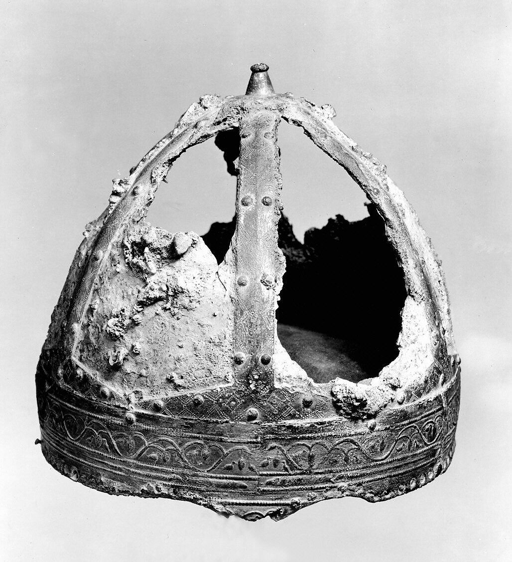 Helmet (<i>Spangenhelm</i>), Steel, copper alloy, gold, Byzantine or Germanic