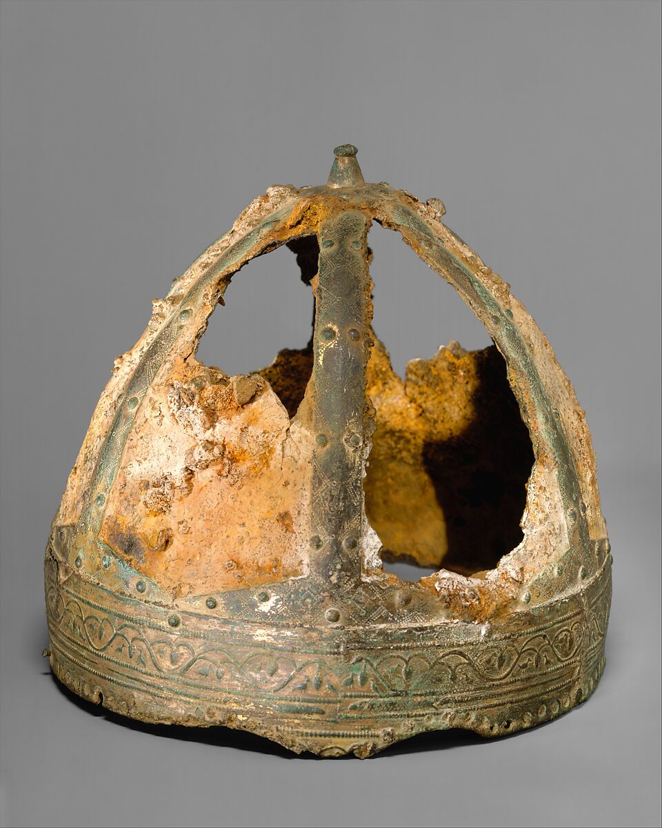 Helmet (<i>Spangenhelm</i>), Steel, copper alloy, gold, Byzantine or Germanic 