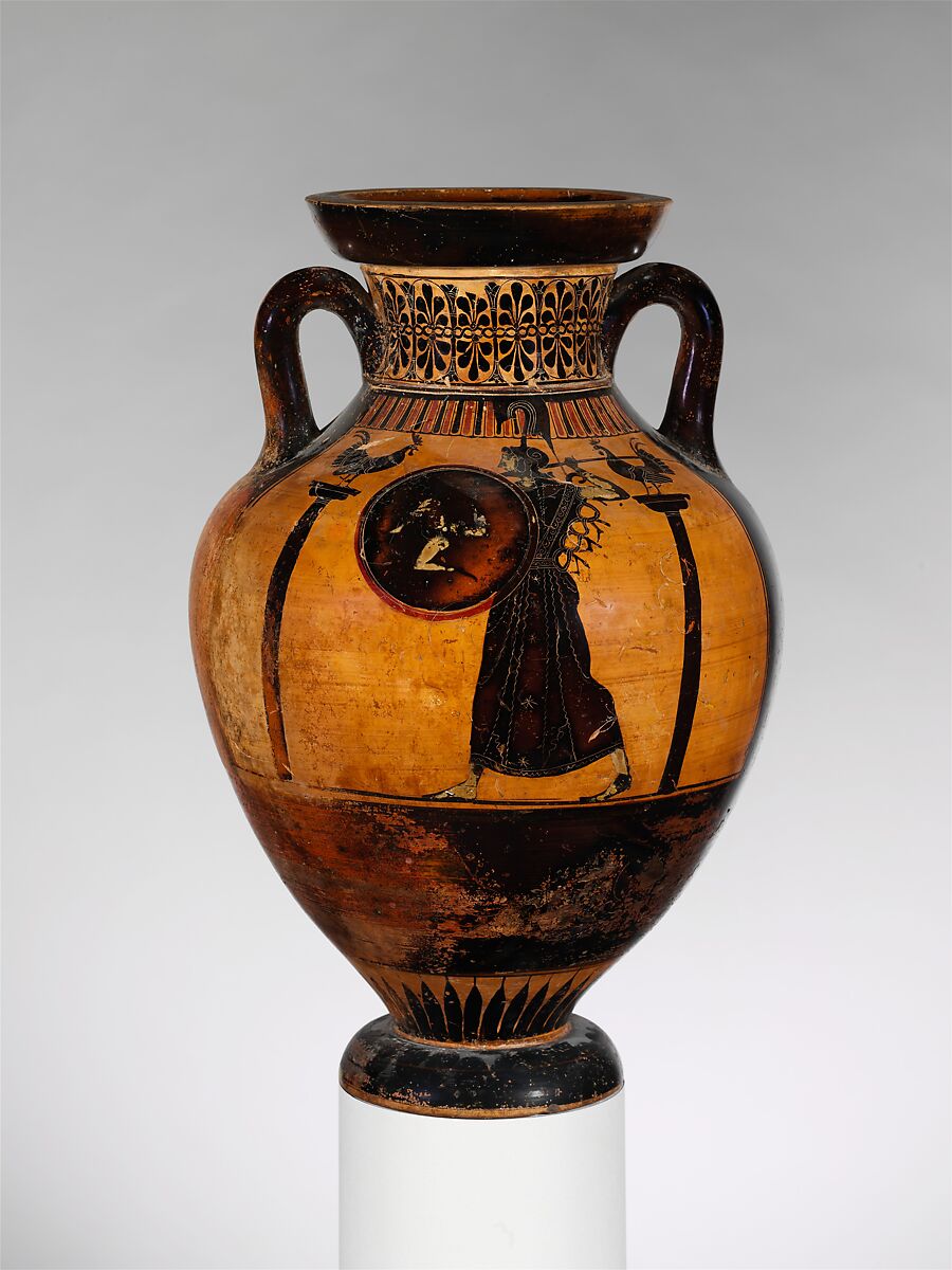 Terracotta Panathenaic prize amphora, Attributed to the Leagros Group, Terracotta, Greek, Attic 