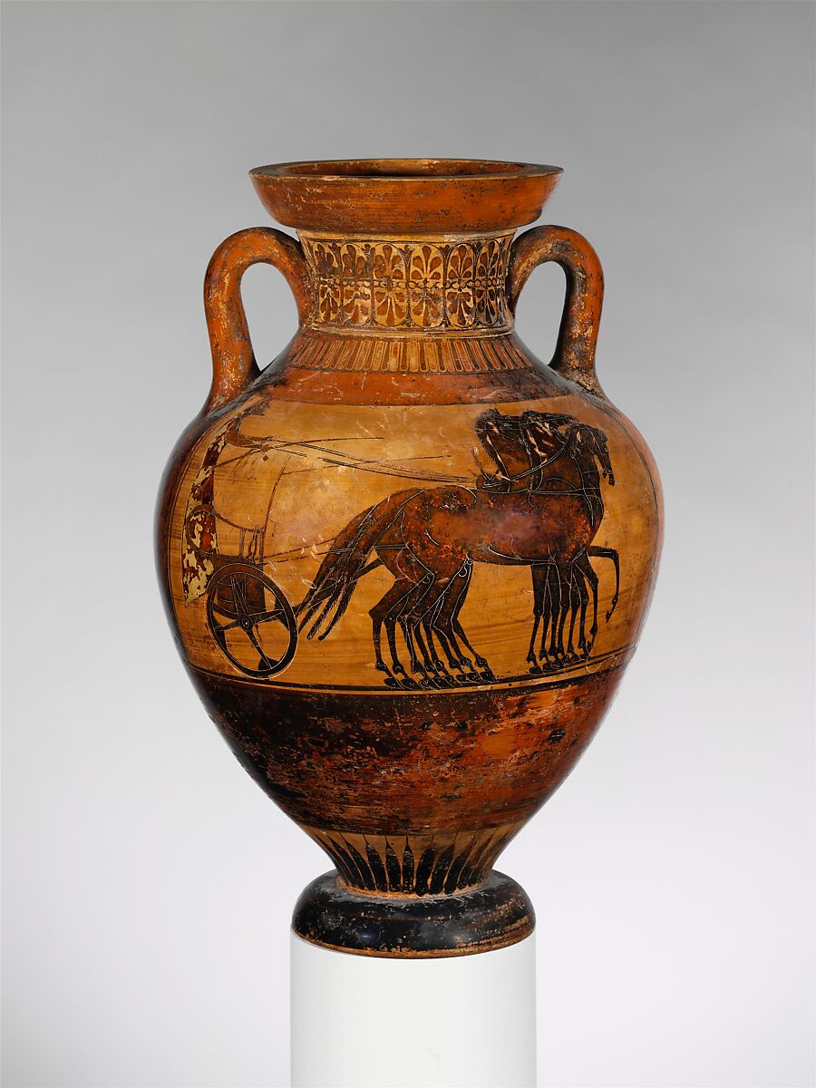 Terracotta Panathenaic prize amphora, Attributed to the Leagros Group, Terracotta, Greek, Attic