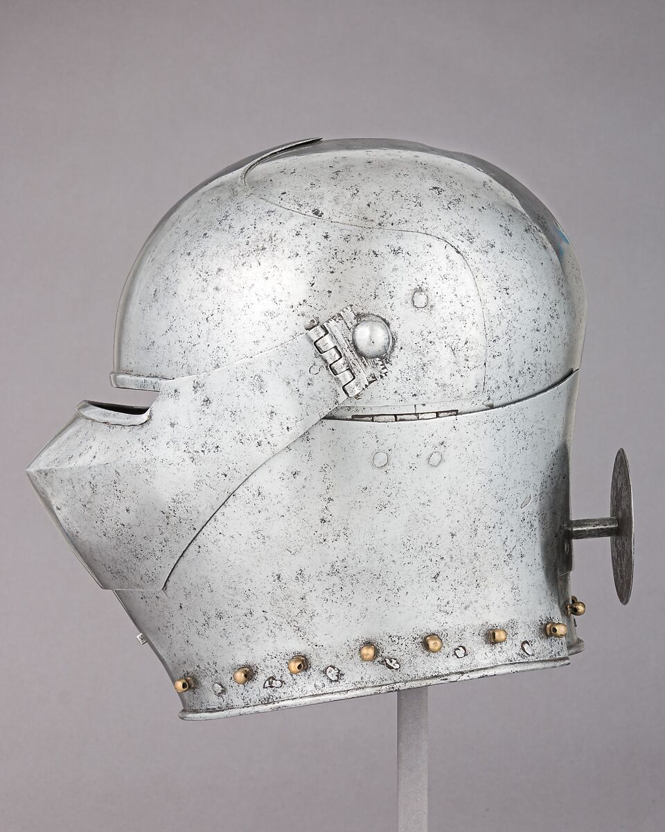 Armet, Stamped with the armorer's name, LIONARDO (Italian, probably active in Milan, ca. 1440), Steel, copper alloy, Italian, probably Milan