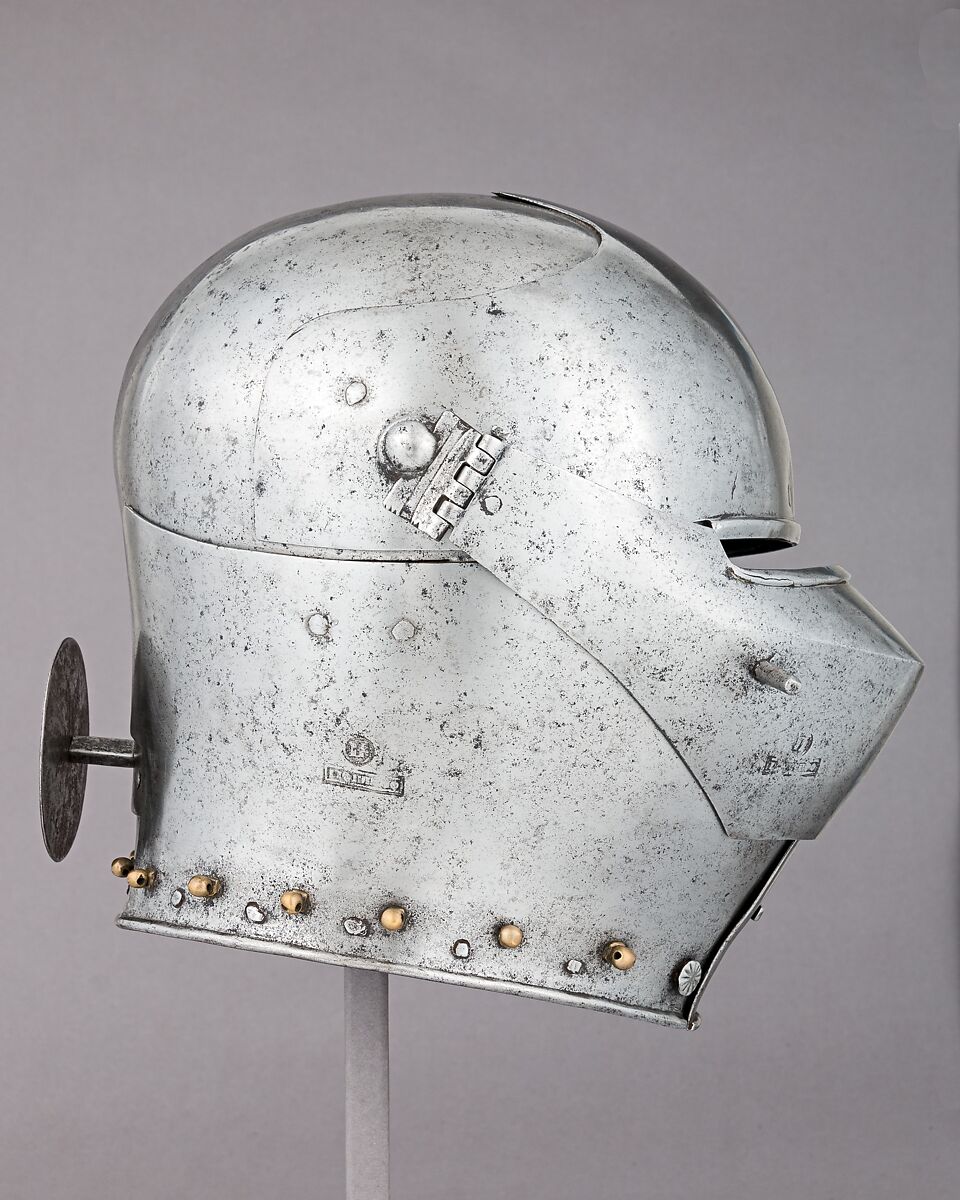 Armet, Stamped with the armorer's name, LIONARDO (Italian, probably active in Milan, ca. 1440), Steel, copper alloy, Italian, probably Milan