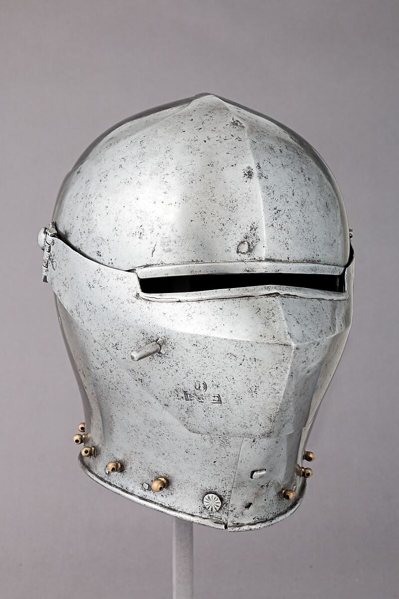 Armet, Stamped with the armorer's name, LIONARDO (Italian, probably active in Milan, ca. 1440), Steel, copper alloy, Italian, probably Milan