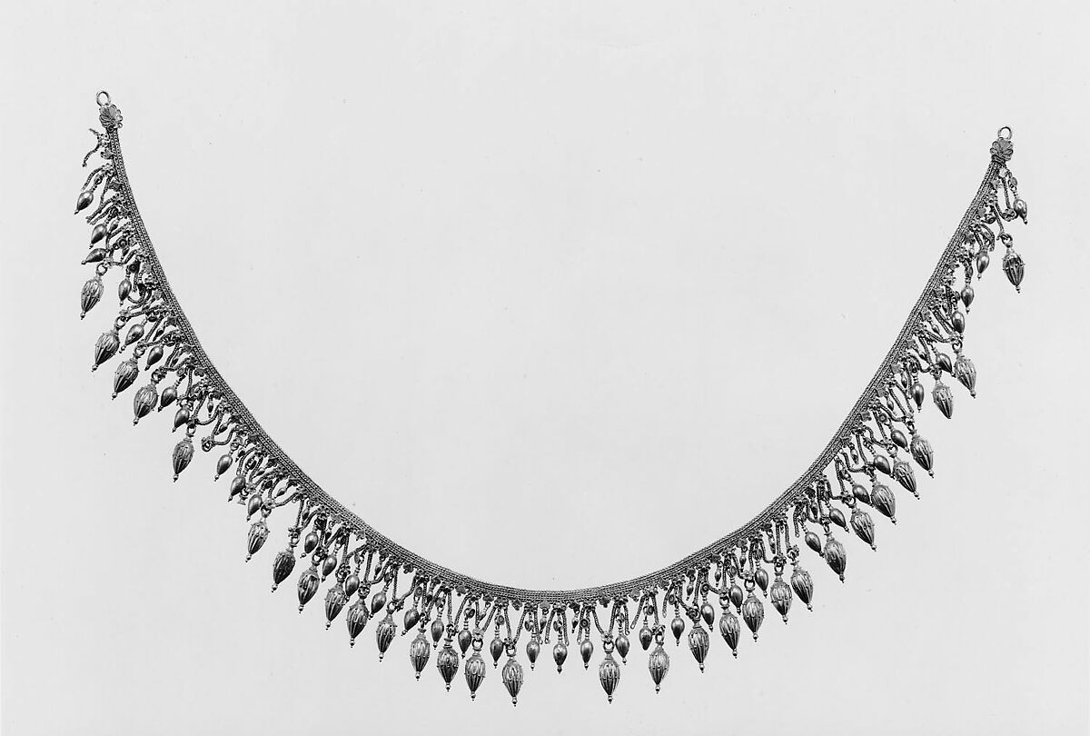 Gold strap necklace with seedlike pendants, Gold, Greek 