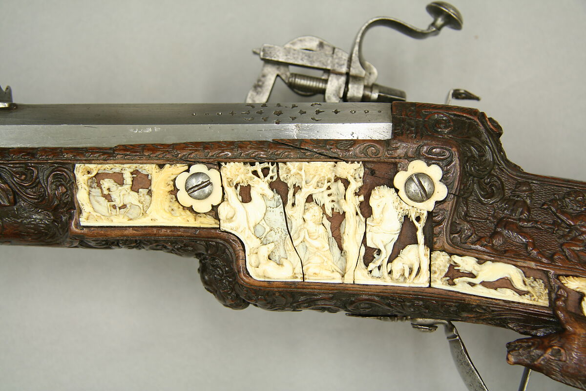 Wheellock Rifle, Johann Michael Maucher (German, Schwäbisch Gmünd, 1645–1701), Steel, wood (cherry), ivory, mother-of-pearl, German, Schwäbisch Gmünd