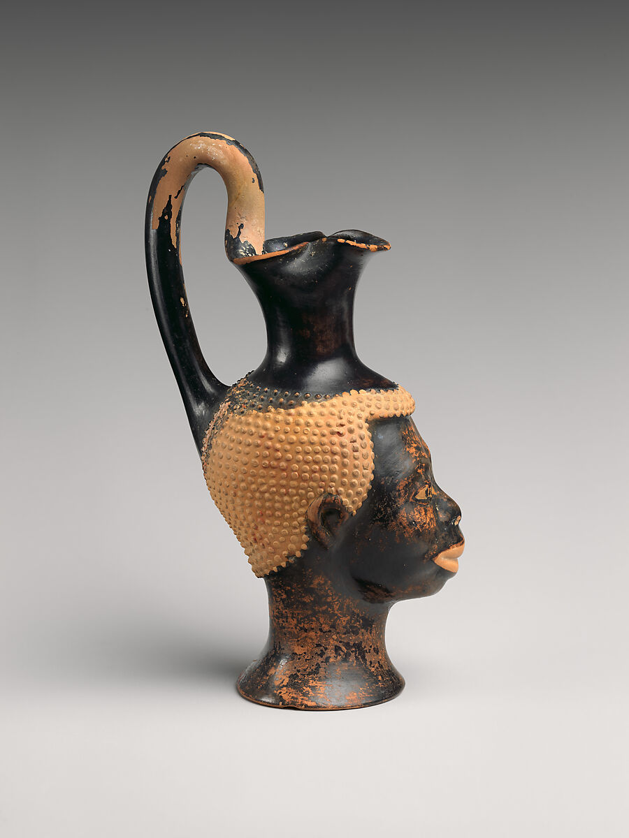 Terracotta oinochoe (jug) in the form of a Black African's head, Terracotta, Greek, Attic