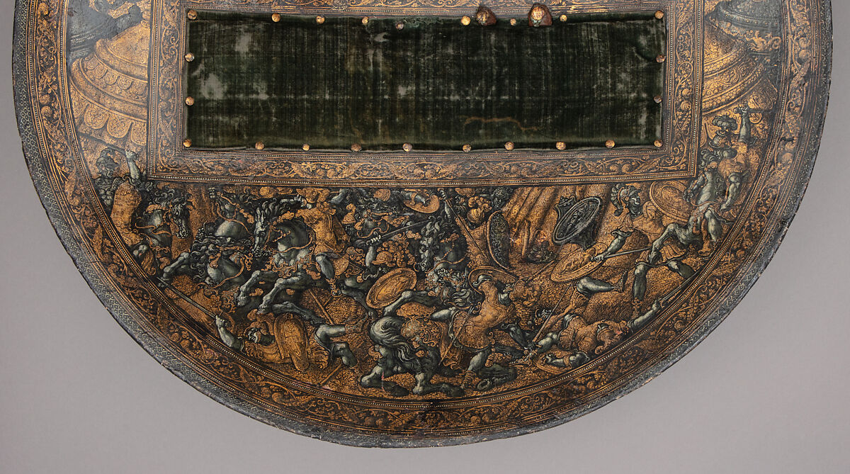 Shield, Attributed to Girolamo da Treviso (Italian, Treviso ca. 1498–1544 Boulogne-sur-Mer), Wood, linen, gesso, gold leaf, polychromy, Italian, probably Bologna