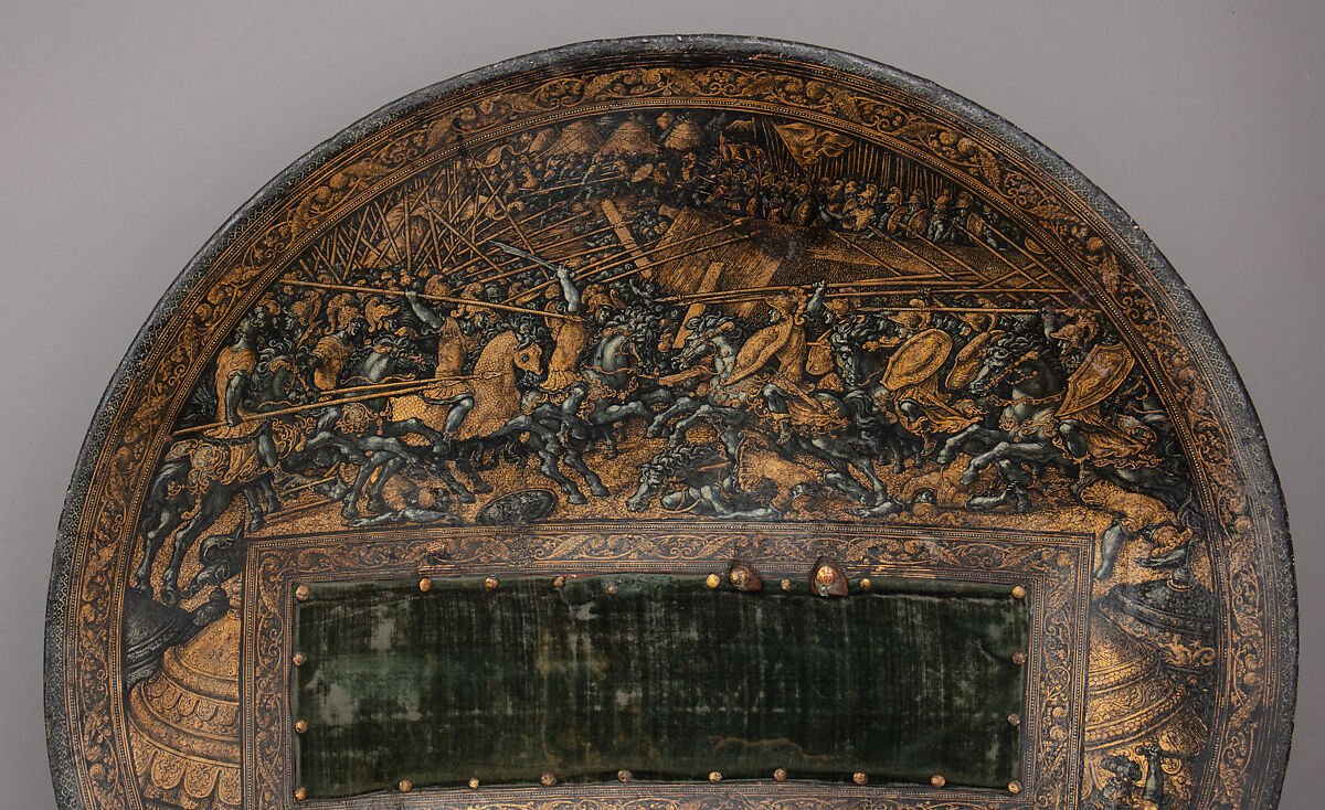 Shield, Attributed to Girolamo da Treviso (Italian, Treviso ca. 1498–1544 Boulogne-sur-Mer), Wood, linen, gesso, gold leaf, polychromy, Italian, probably Bologna