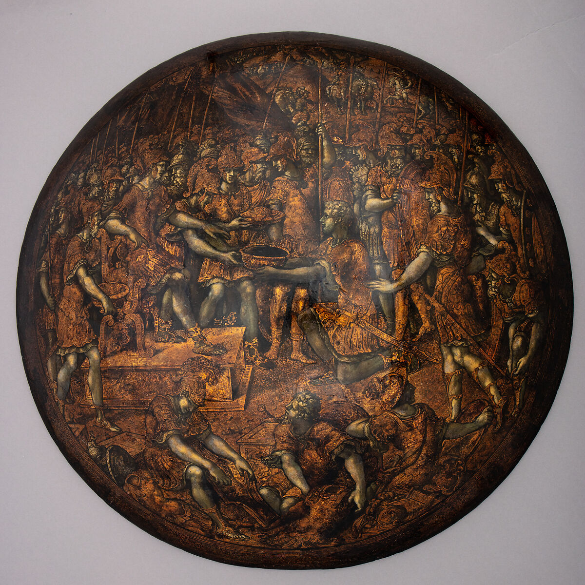 Shield, Attributed to Girolamo da Treviso (Italian, Treviso ca. 1498–1544 Boulogne-sur-Mer), Wood, linen, gesso, gold leaf, polychromy, Italian, probably Bologna 