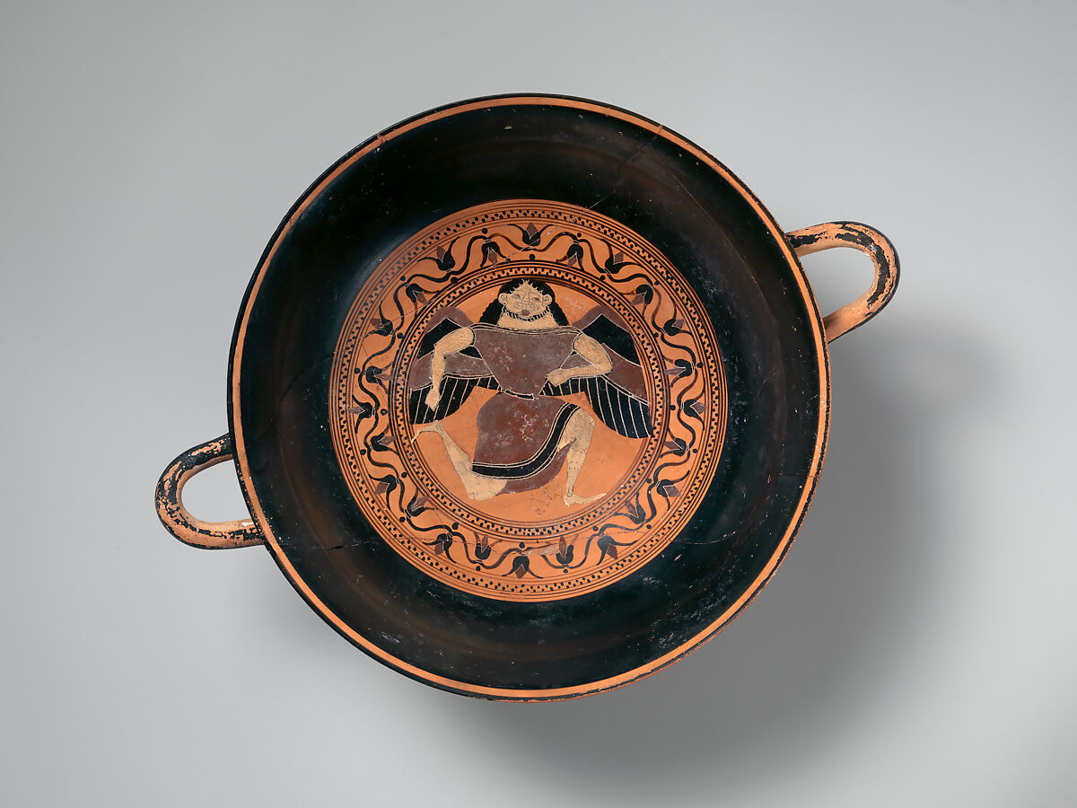 Terracotta kylix: Siana cup (drinking cup), Attributed to the C Painter, Terracotta, Greek, Attic 