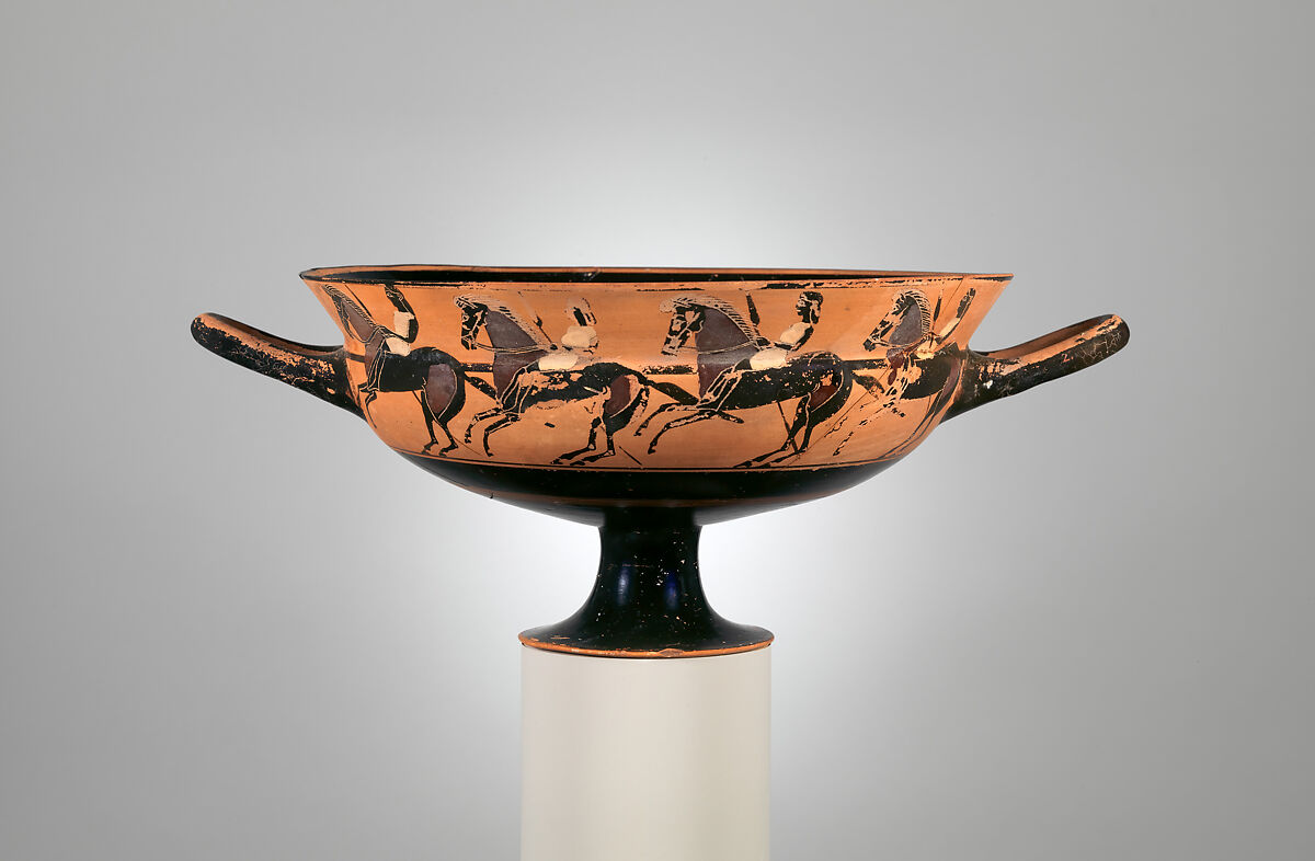 Terracotta kylix: Siana cup (drinking cup), Attributed to the C Painter, Terracotta, Greek, Attic