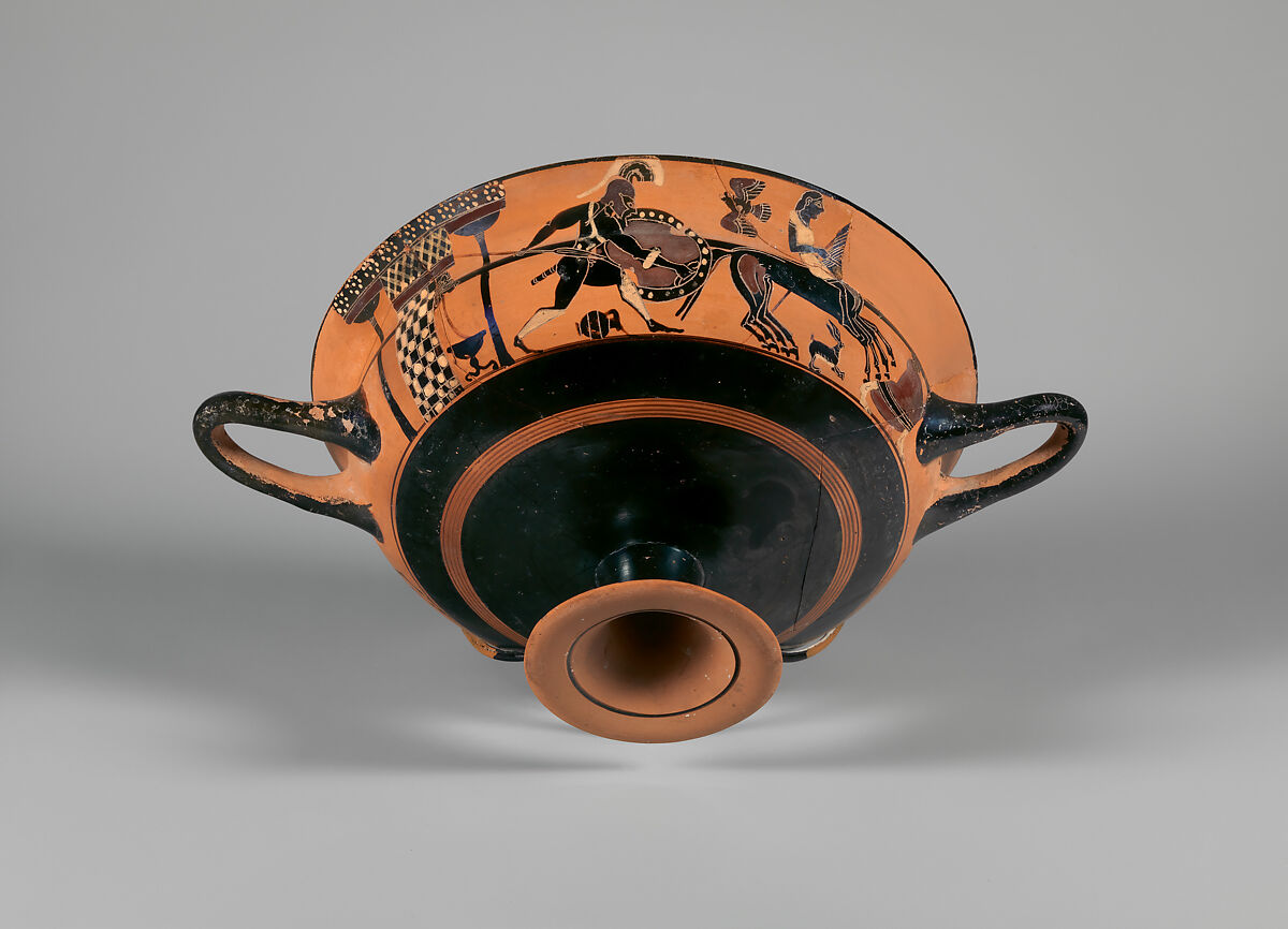 Terracotta kylix: Siana cup (drinking cup), Attributed to the C Painter, Terracotta, Greek, Attic