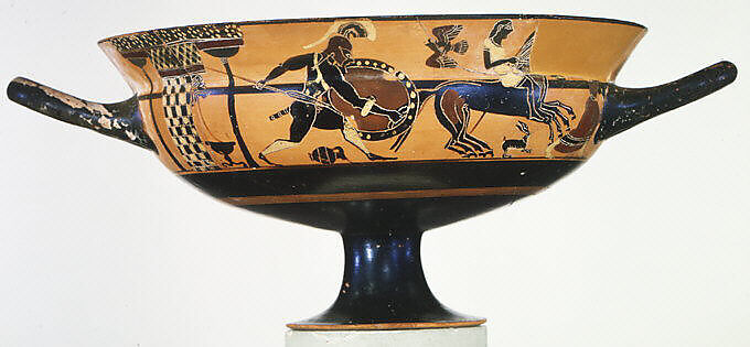 Terracotta kylix: Siana cup (drinking cup), Attributed to the C Painter, Terracotta, Greek, Attic