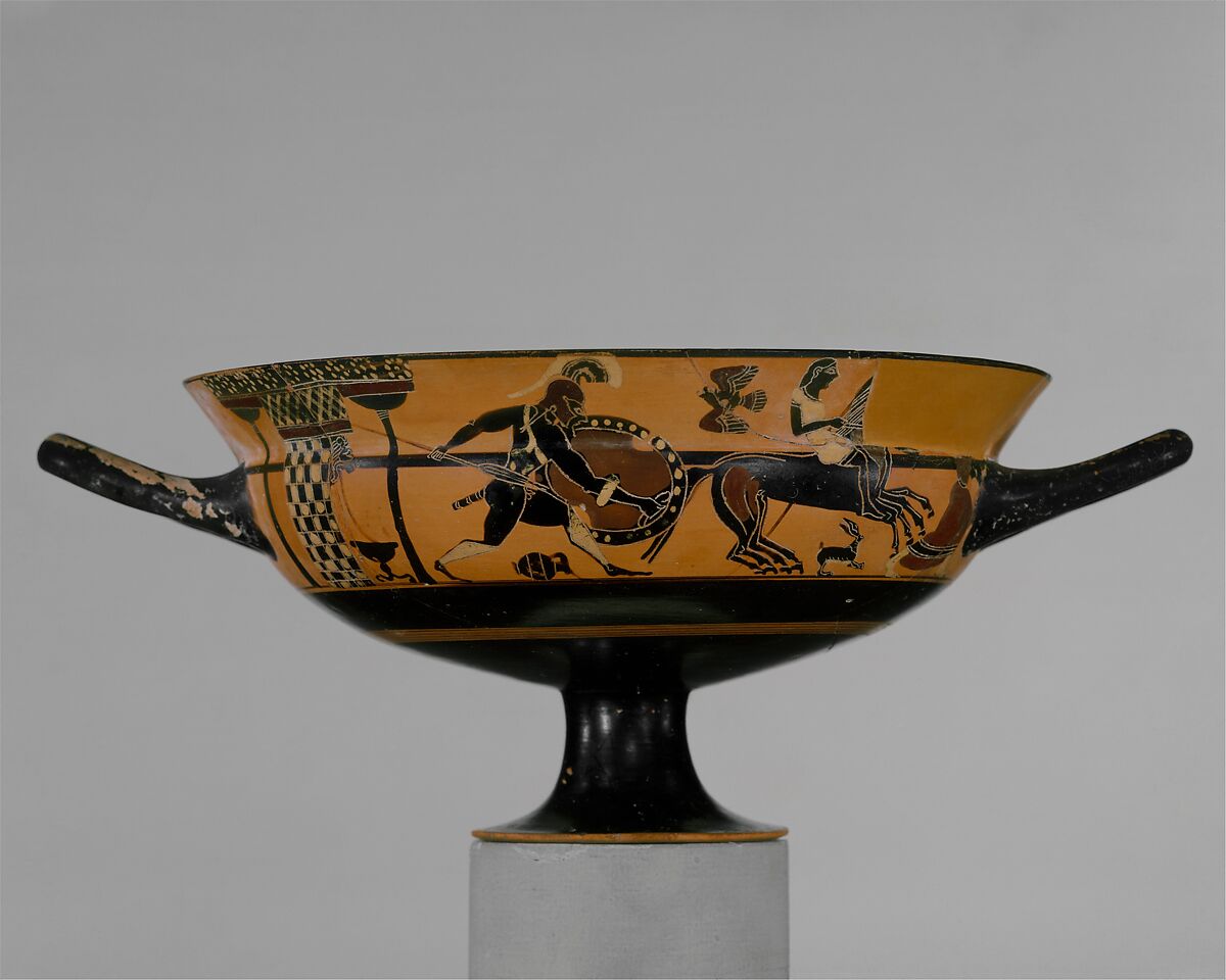 Terracotta kylix: Siana cup (drinking cup), Attributed to the C Painter, Terracotta, Greek, Attic