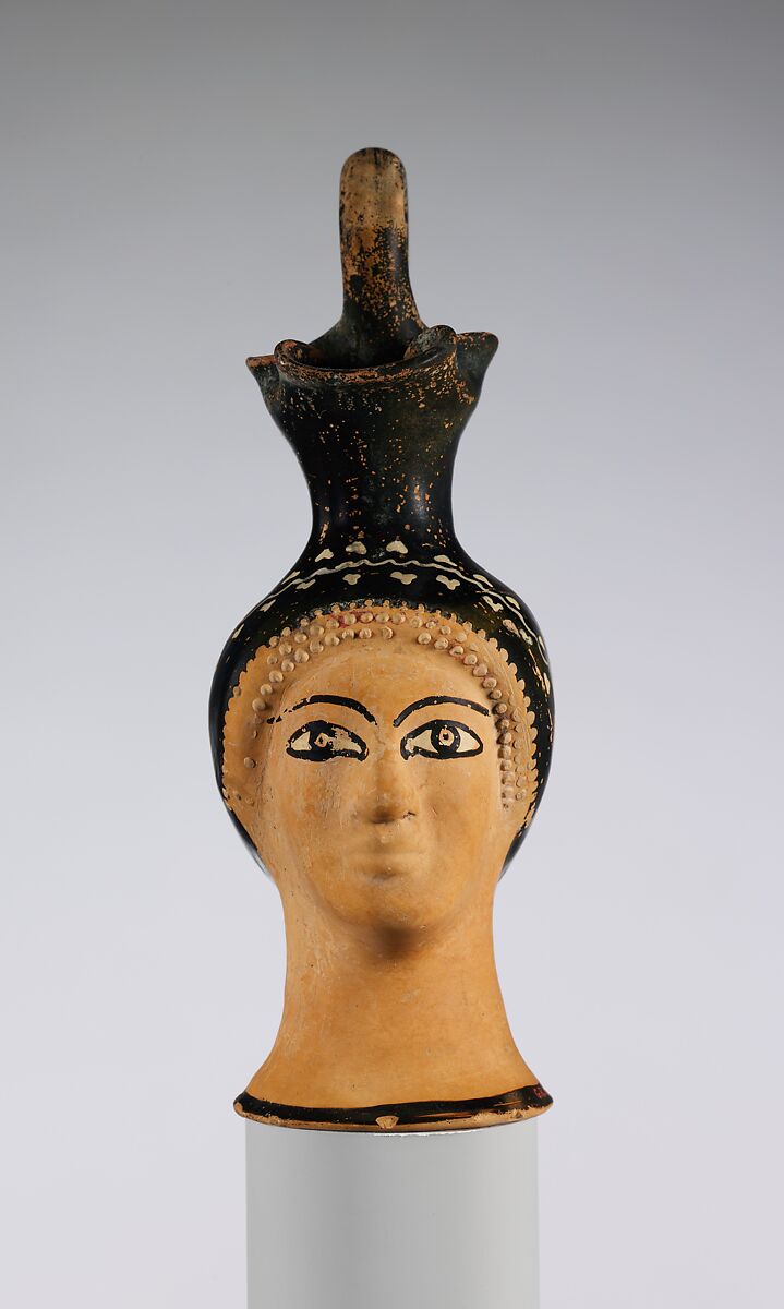 Terracotta oinochoe (jug) in the form of a woman's head, Attributed to the Class N: The Cook Class of Head Vases, Terracotta, Greek, Attic 