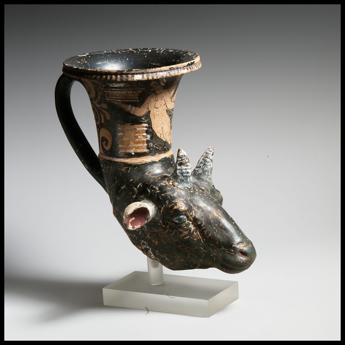 Terracotta rhyton (vase for libations or drinking), Attributed to the Patera-Ganymede Workshop, Terracotta, Greek, South Italian, Apulian 
