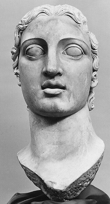 Head of marble colossal female statue, Marble, Roman 