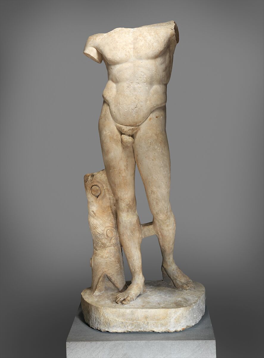 Marble statue of the Diadoumenos (youth tying a fillet around his head), Copy of work attributed to Polykleitos, Marble, Roman 