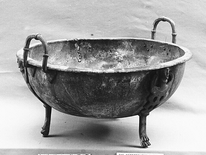 Bronze handled basin with three feet, Bronze, Etruscan