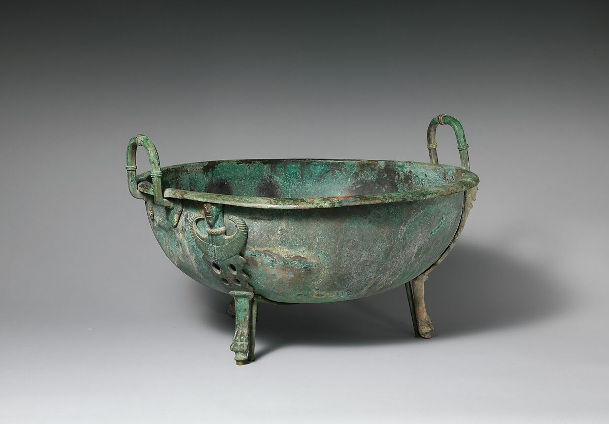 Bronze handled basin with three feet, Bronze, Etruscan 