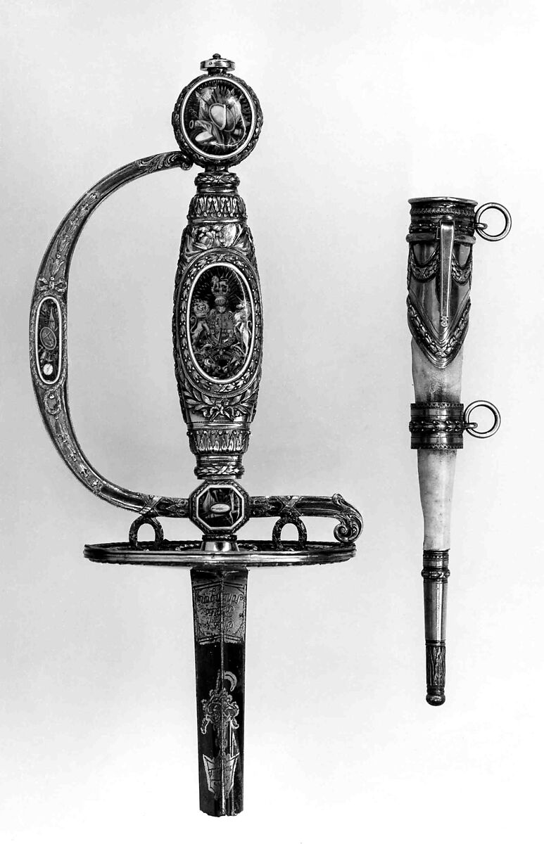 Smallsword Hilt and Scabbard Mounts, James Morisset (British, London 1738–1815), Silver, enamel, paste brilliants, gold, textile, British, London