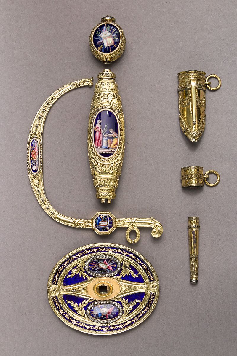 Smallsword Hilt and Scabbard Mounts, James Morisset (British, London 1738–1815), Silver, enamel, paste brilliants, gold, textile, British, London