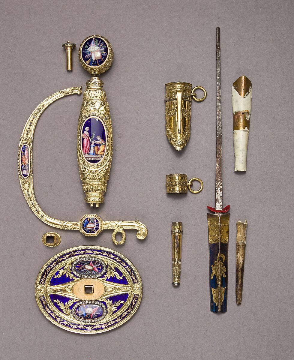 Smallsword Hilt and Scabbard Mounts, James Morisset (British, London 1738–1815), Silver, enamel, paste brilliants, gold, textile, British, London 