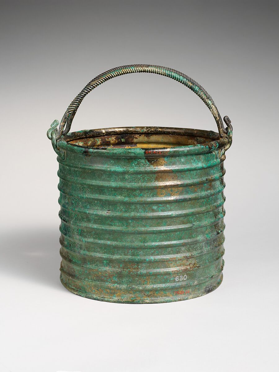 Bronze ribbed situla (bucket) with two handles, Bronze, Etruscan 