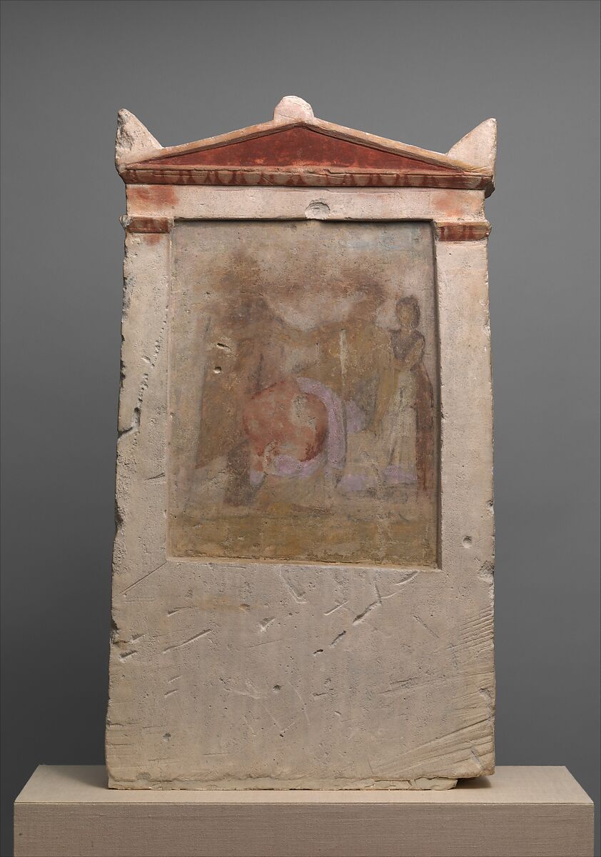 Painted limestone funerary stele with a woman in childbirth, Limestone, paint, Greek 