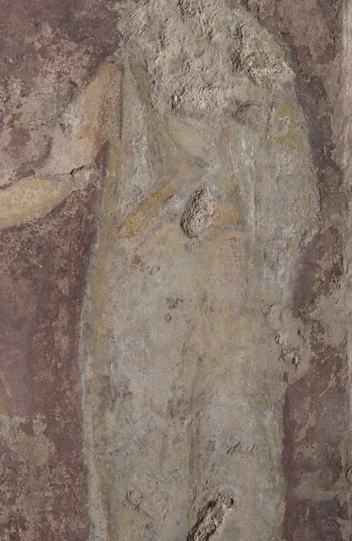 Painted limestone funerary stele with a seated man and two standing figures, Limestone, paint, Greek