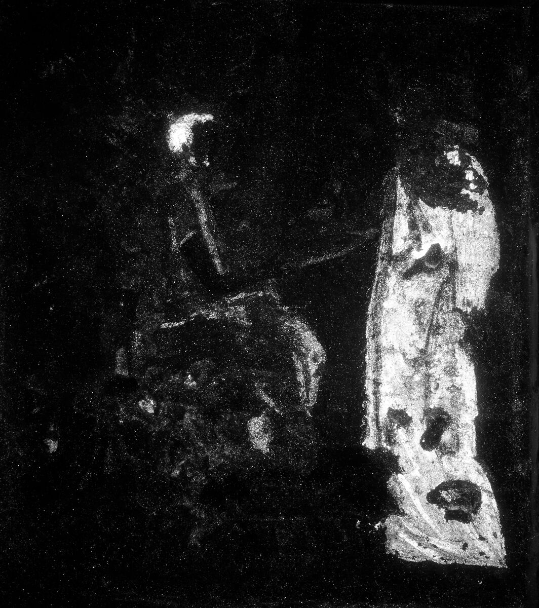 Painted limestone funerary stele with a seated man and two standing figures, Limestone, paint, Greek