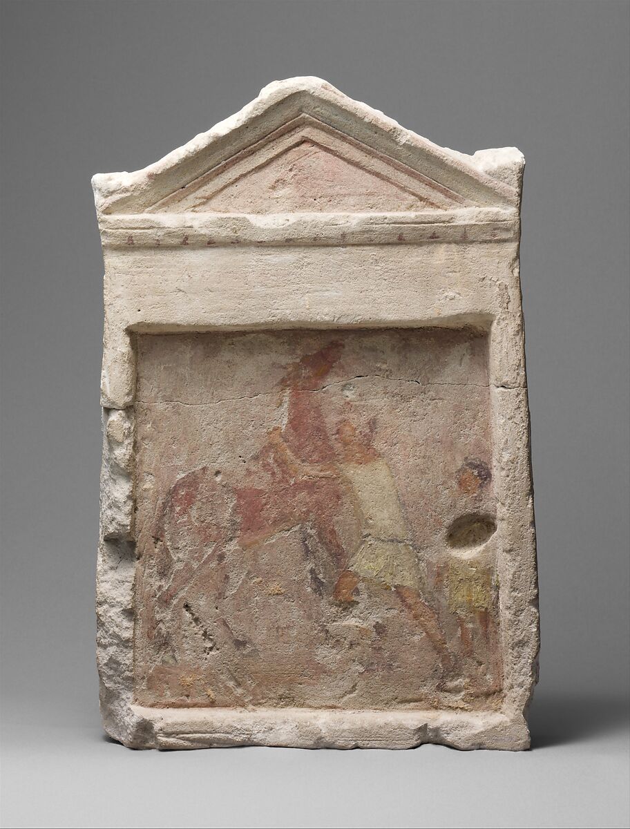 Painted limestone funerary slab with a man controlling a rearing horse