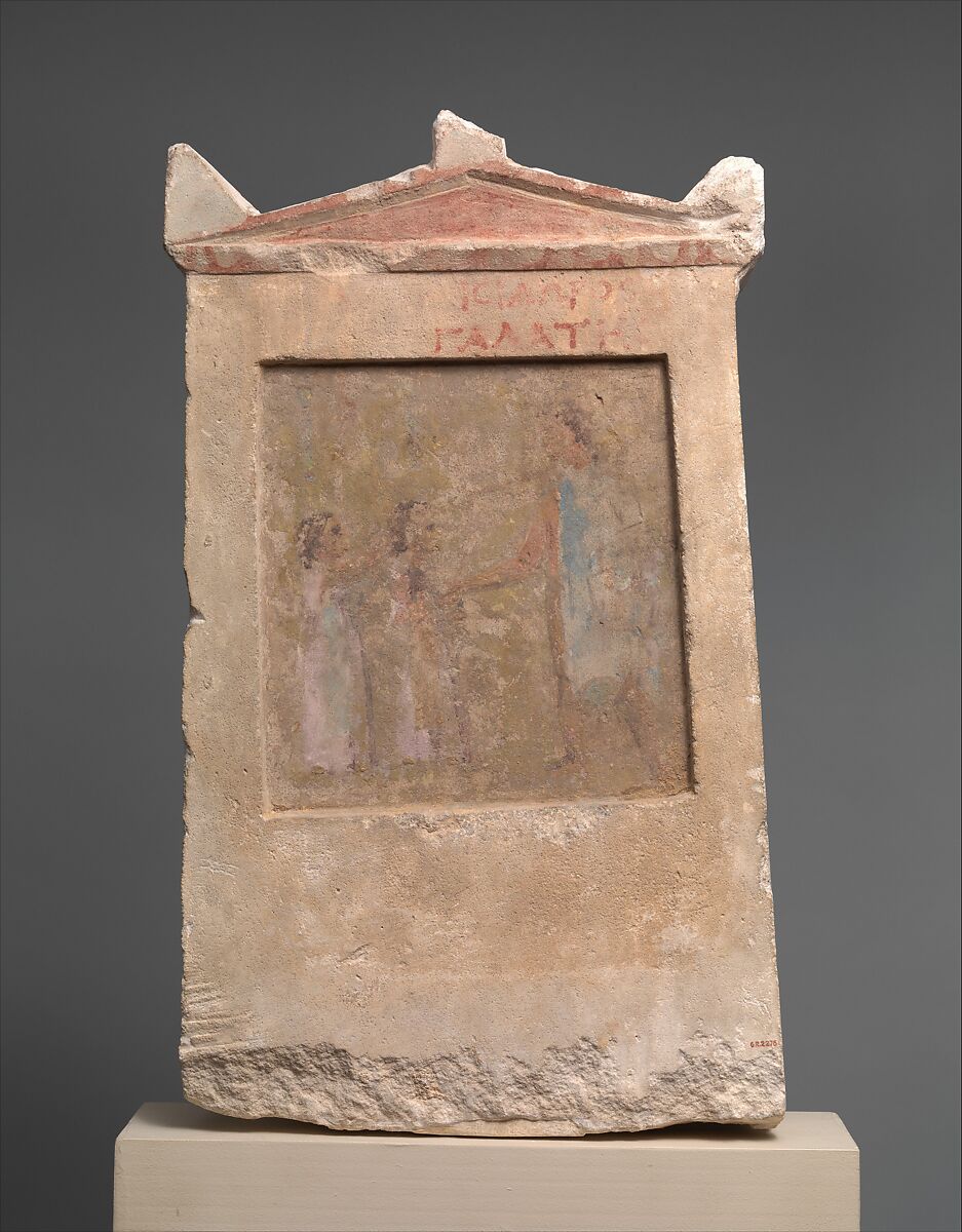 Painted limestone funerary slab with a soldier and two girls, Limestone, paint, Greek 