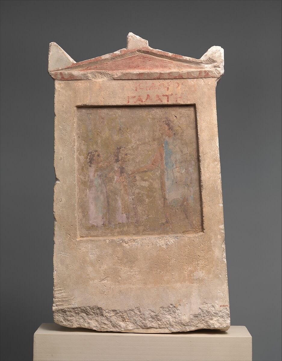 Painted limestone funerary slab with a soldier and two girls, Limestone, paint, Greek