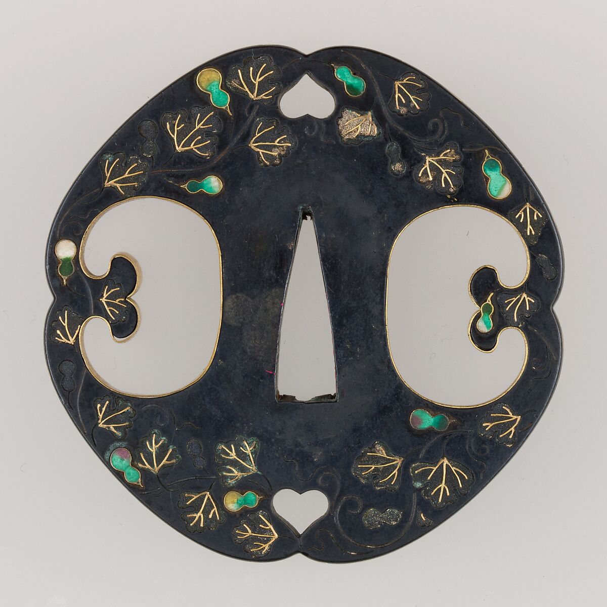 Sword Guard (Tsuba), Attributed to the Hirata School (Japanese, Edo period), Copper-gold alloy (shakudō), gold, enameled cloisonné (shippō), copper, Japanese