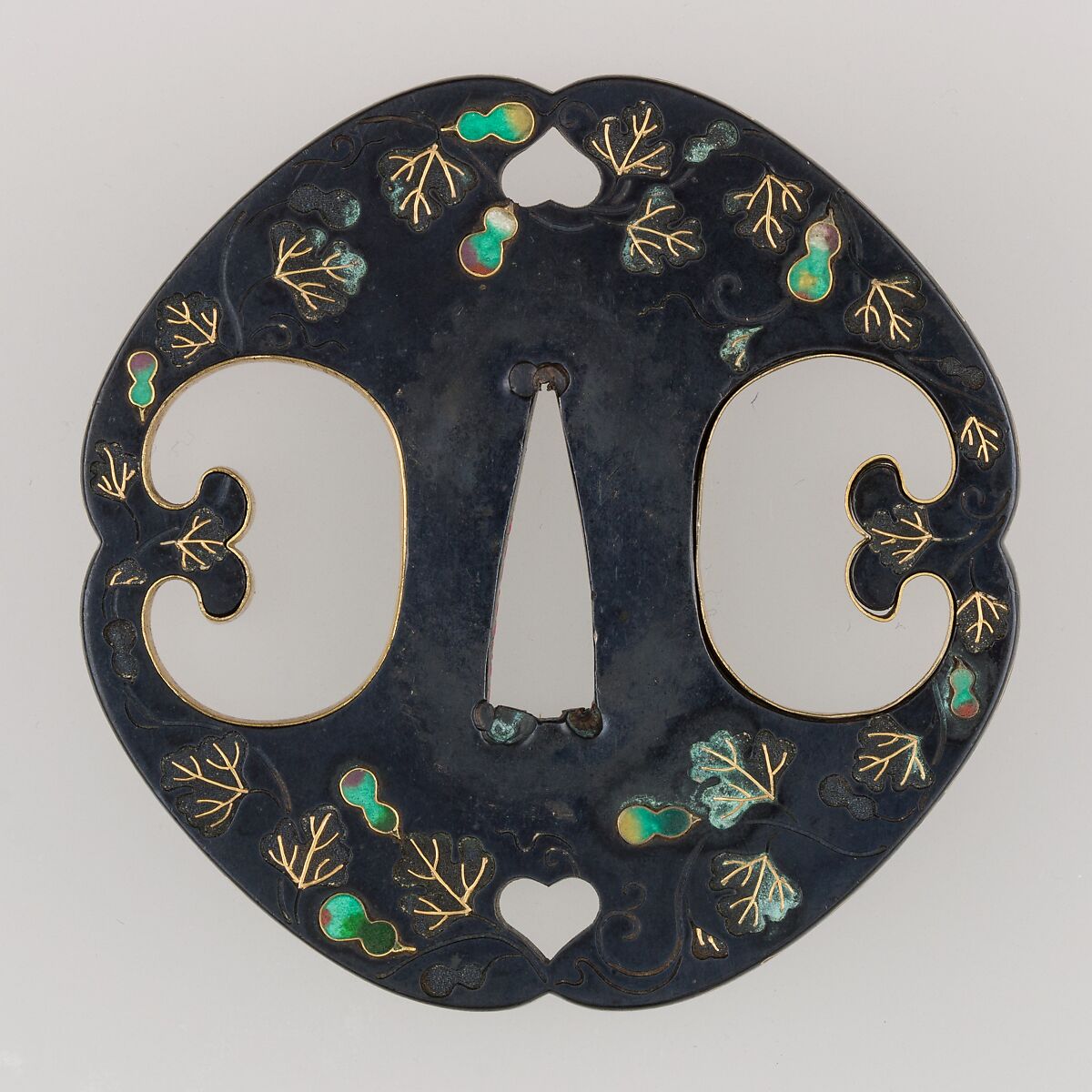 Sword Guard (Tsuba), Attributed to the Hirata School (Japanese, Edo period), Copper-gold alloy (shakudō), gold, enameled cloisonné (shippō), copper, Japanese 