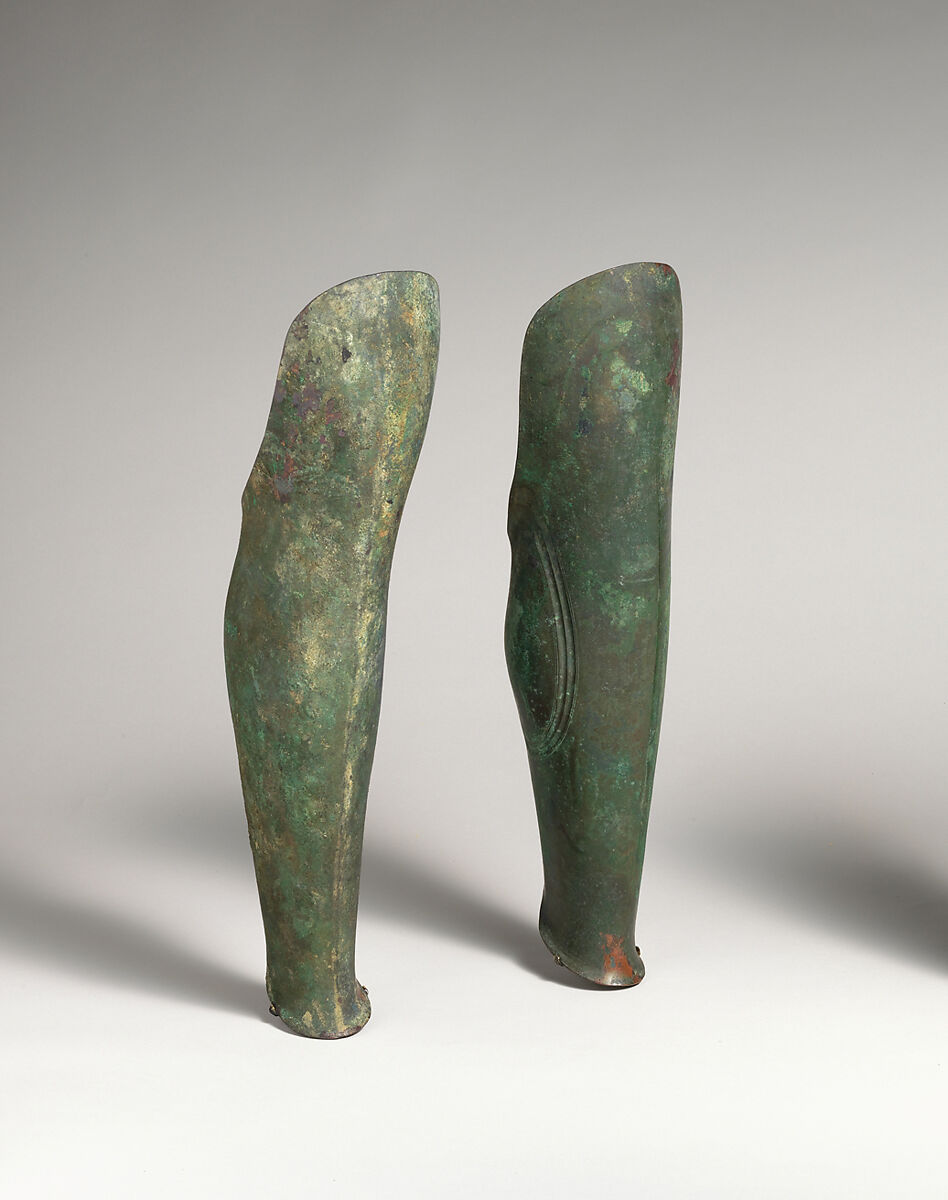 Pair of bronze greaves, Bronze, Etruscan 