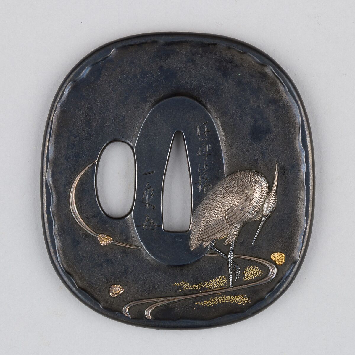 Sword Guard (Tsuba), Inscribed by Gotō Ichijō (Japanese, 1791–1876), Copper-gold alloy (shakudō), silver, gold, copper, Japanese 