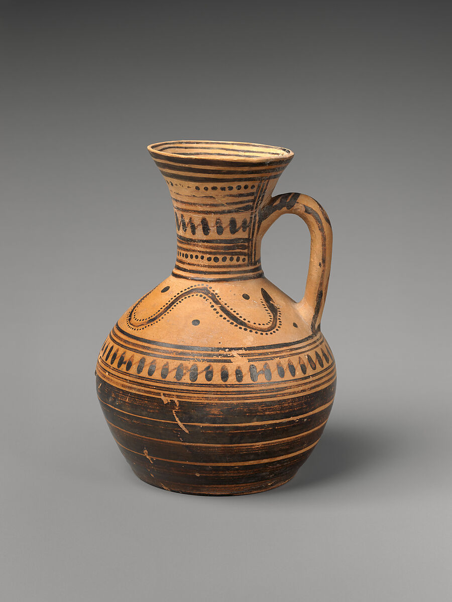 Terracotta oinochoe (jug), Terracotta, Greek, Attic 