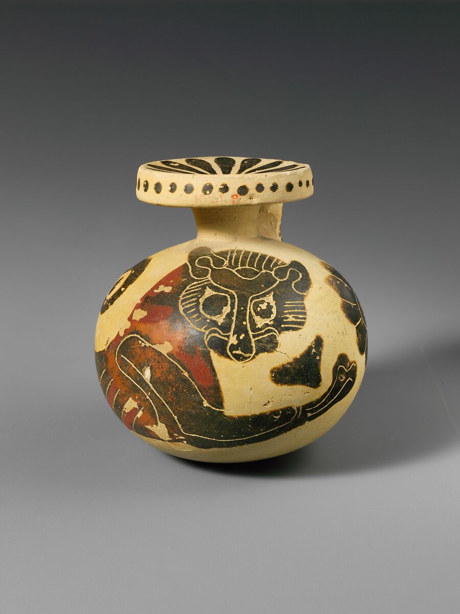 Terracotta aryballos (oil flask), Terracotta, Greek, Corinthian 