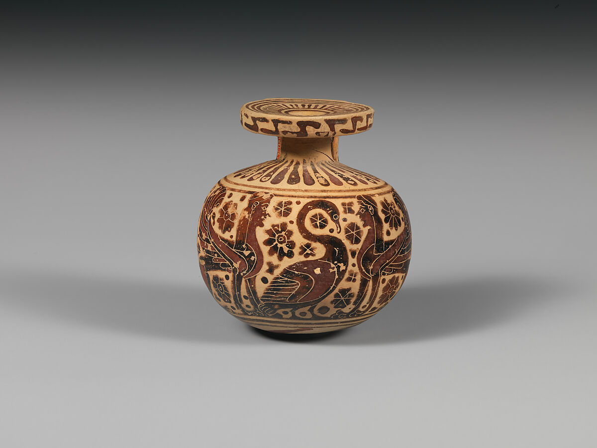Terracotta aryballos (perfume vase), Attributed to the Duel Painter, Terracotta, Greek, Corinthian 