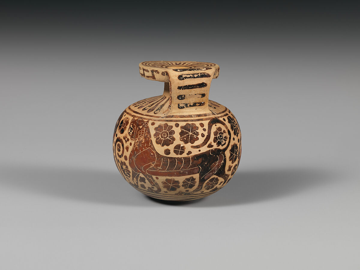 Terracotta aryballos (perfume vase), Attributed to the Duel Painter, Terracotta, Greek, Corinthian