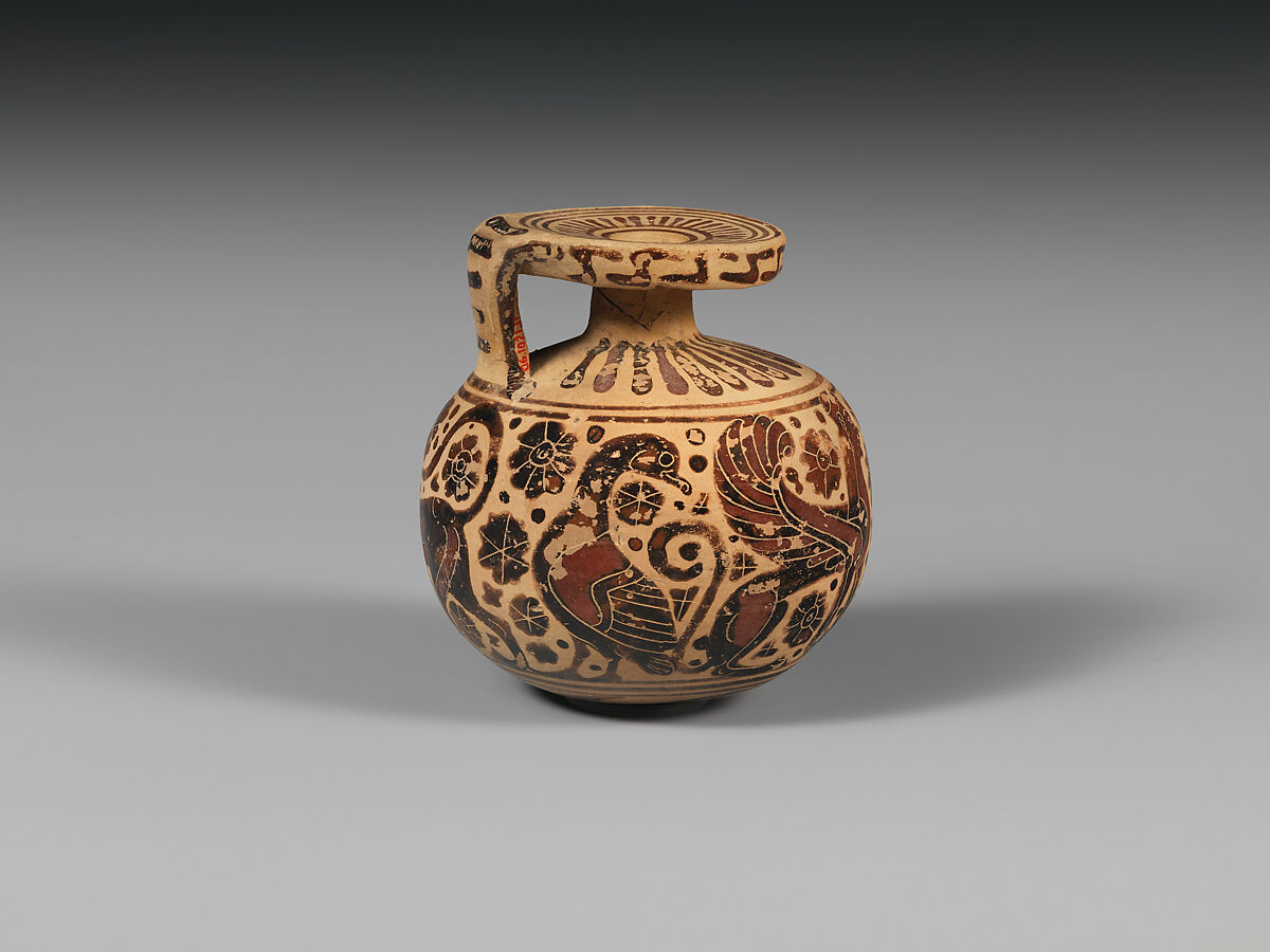 Terracotta aryballos (perfume vase), Attributed to the Duel Painter, Terracotta, Greek, Corinthian