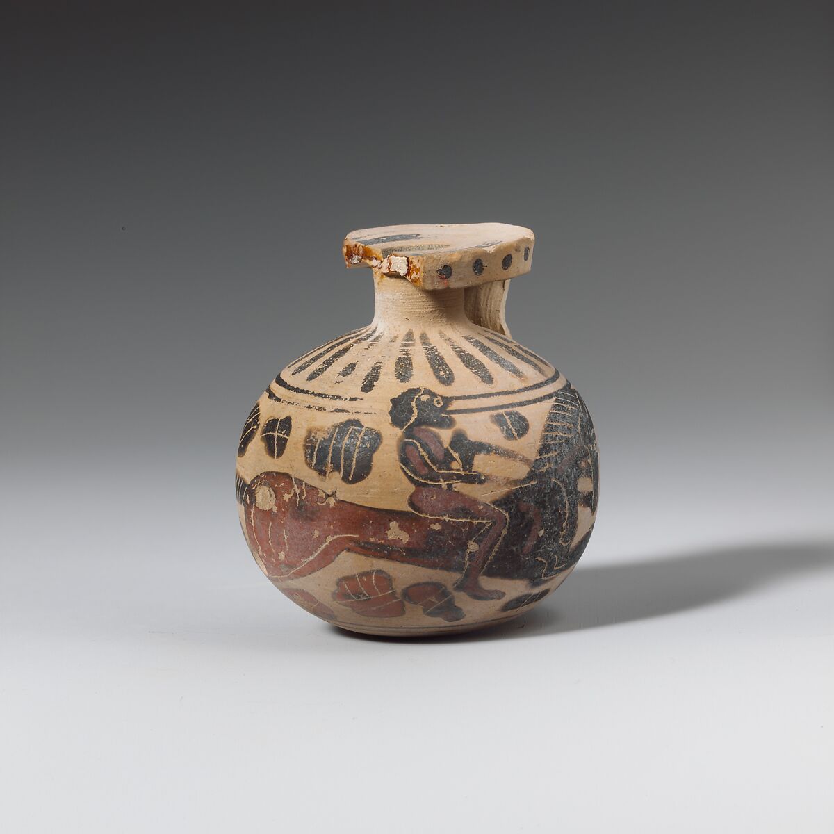Terracotta aryballos (oil flask), Related to the Kaeppeli Painter, Terracotta, Greek, Corinthian 