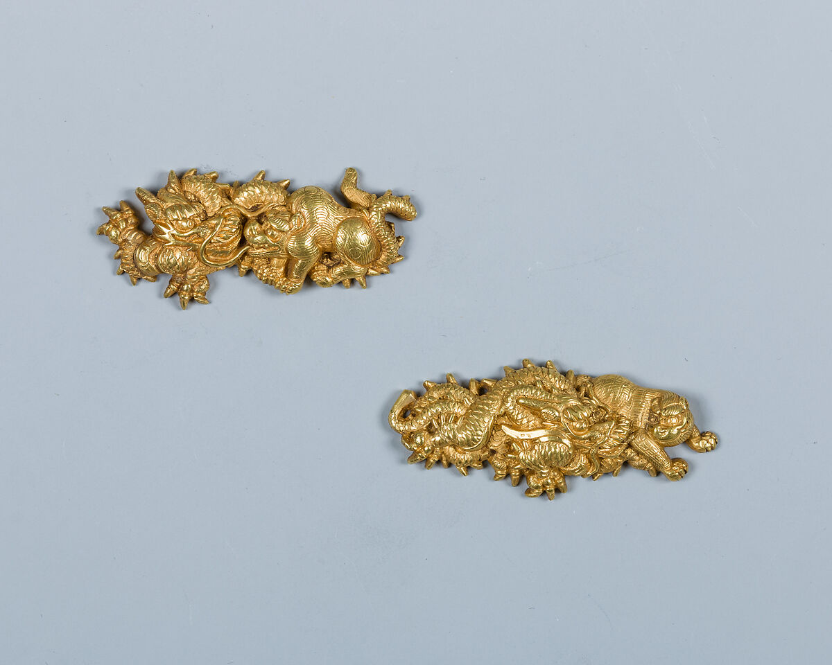Set of Sword Fittings (Mitokoromono), Inscribed by Gotō Renjō (Mitsutomo) (Japanese, 1628–1708, tenth-generation Gotō master), Copper-gold alloy (shakudō), gold, Japanese