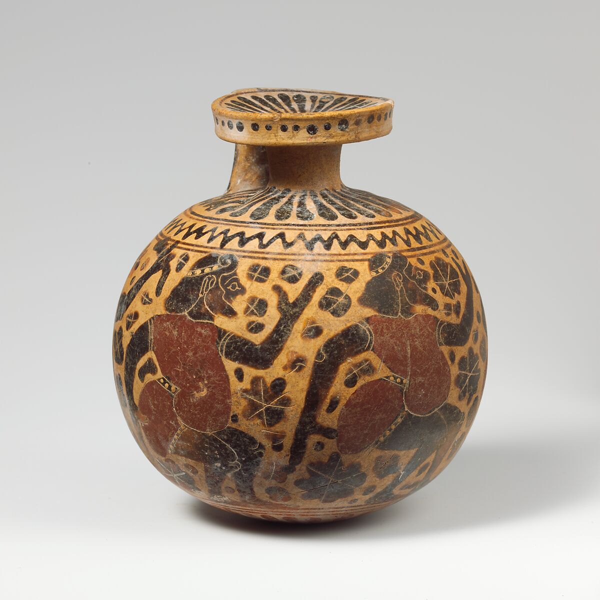 Terracotta aryballos (oil flask), Attributed to the New York Comast Painter, Terracotta, Greek, Corinthian 