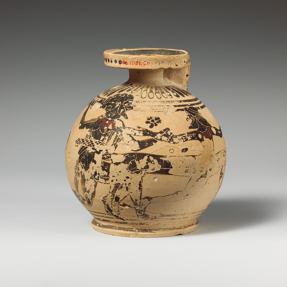 Terracotta aryballos (oil flask), Attributed to the Otterlo Painter, Terracotta, Greek, Corinthian 